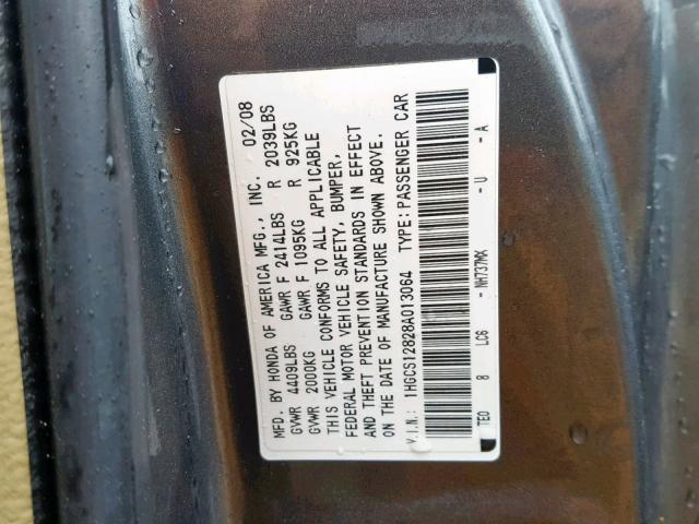 1HGCS12828A013064 - 2008 HONDA ACCORD EXL GRAY photo 10