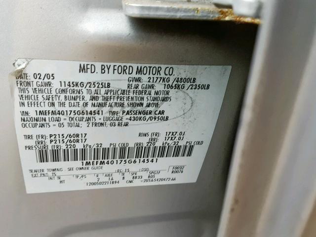 1MEFM40175G614541 - 2005 MERCURY MONTEGO LU SILVER photo 10