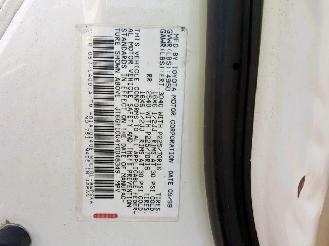 JT6GF10U4Y0048349 - 2000 LEXUS RX 300 WHITE photo 10