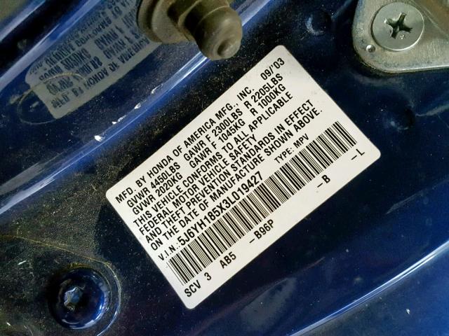 5J6YH185X3L019427 - 2003 HONDA ELEMENT EX BLUE photo 10