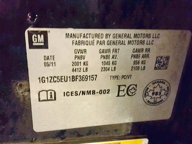 1G1ZC5EU1BF369157 - 2011 CHEVROLET MALIBU 1LT შავი ფოტო 10