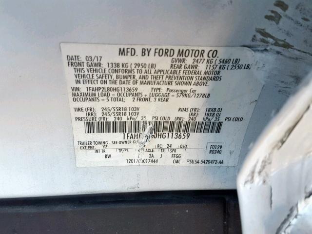 1FAHP2L80HG113659 - 2017 FORD TAURUS POL WHITE photo 10