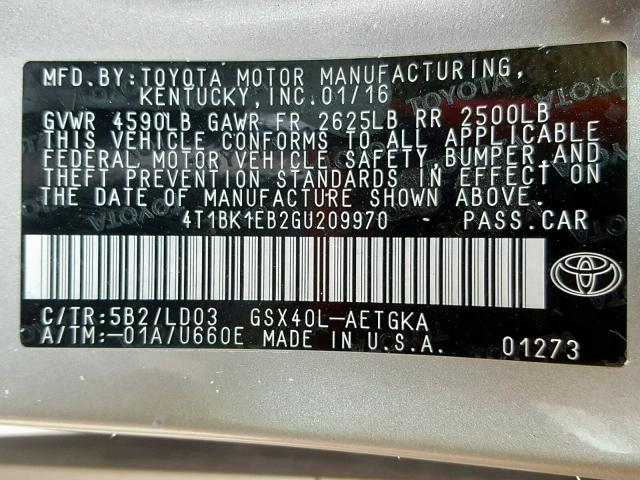 4T1BK1EB2GU209970 - 2016 TOYOTA AVALON XLE BEIGE photo 10