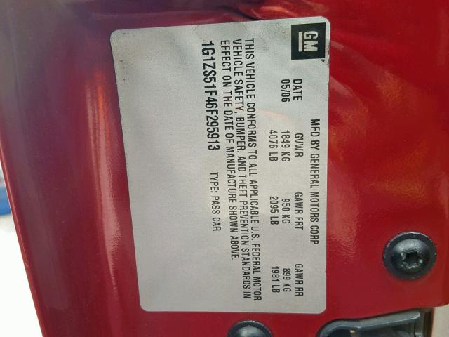 1G1ZS51F46F295913 - 2006 CHEVROLET MALIBU LS RED photo 10