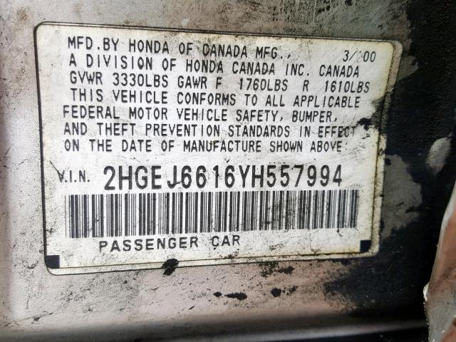 2HGEJ6616YH557994 - 2000 HONDA CIVIC BASE SILVER photo 10