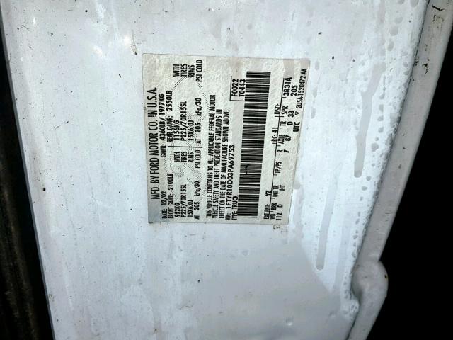 1FTYR10D03PA69753 - 2003 FORD RANGER WHITE photo 10