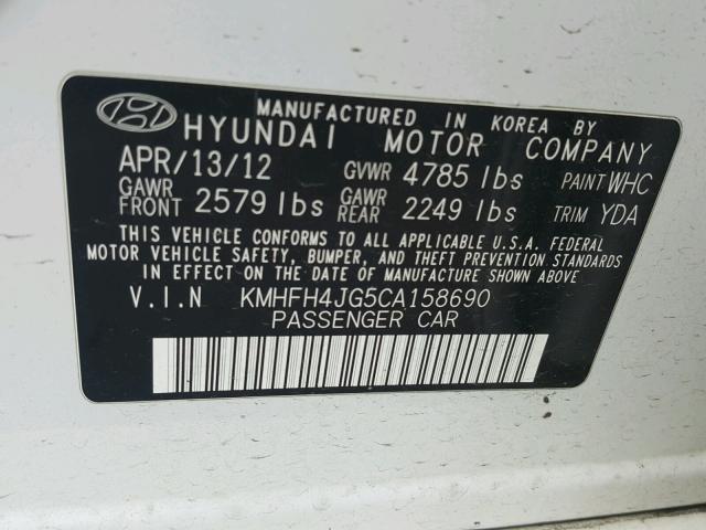 KMHFH4JG5CA158690 - 2012 HYUNDAI AZERA GLS WHITE photo 10