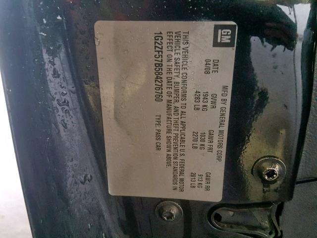 1G2ZF57B584276760 - 2008 PONTIAC G6 VALUE L BLACK photo 10