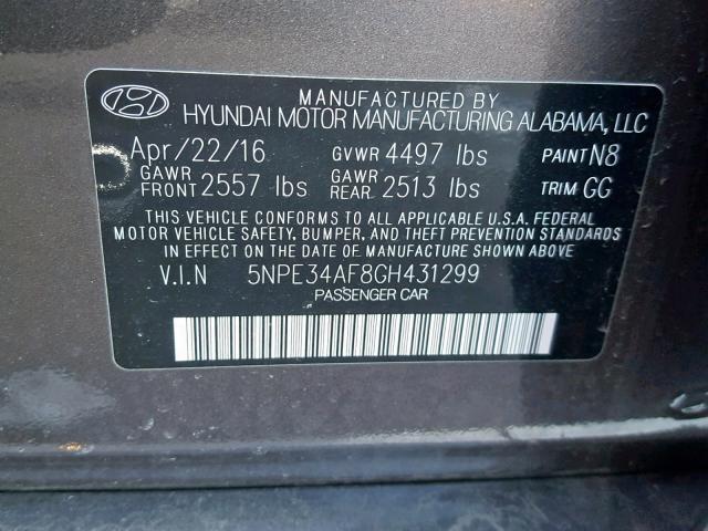 5NPE34AF8GH431299 - 2016 HYUNDAI SONATA SPO GRAY photo 10