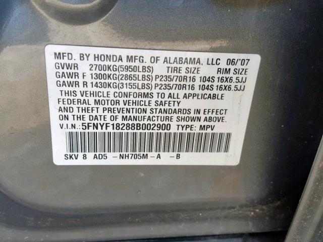 5FNYF18288B002900 - 2008 HONDA PILOT VP GRAY photo 10