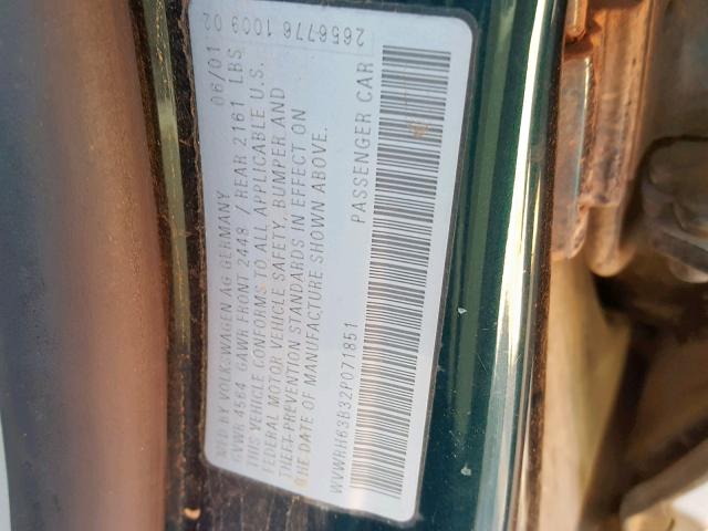 WVWRH63B32P071851 - 2002 VOLKSWAGEN PASSAT GLX 绿色 照片 10