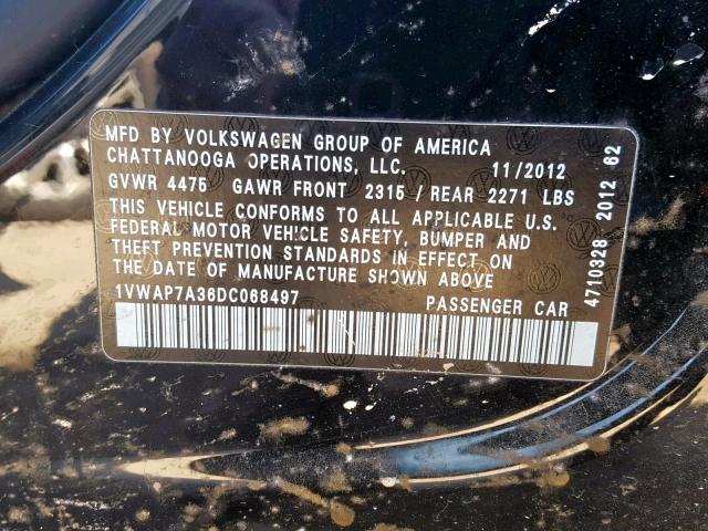 1VWAP7A36DC068497 - 2013 VOLKSWAGEN PASSAT S BLACK photo 10