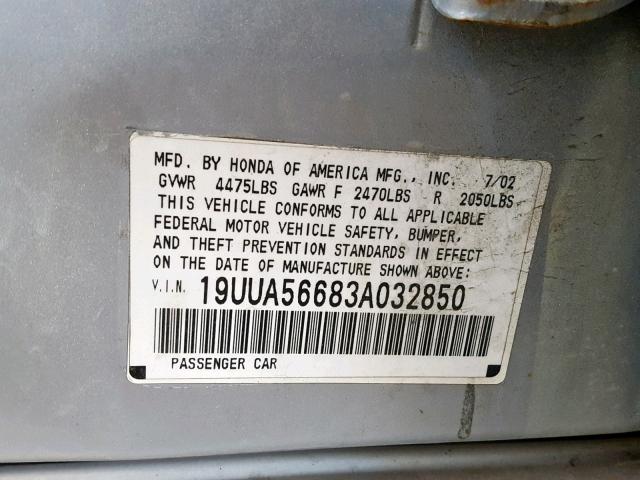 19UUA56683A032850 - 2003 ACURA 3.2TL SILVER photo 10