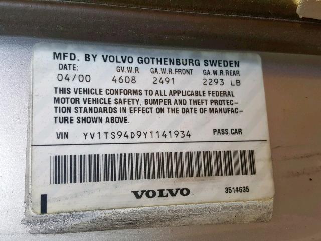 YV1TS94D9Y1141934 - 2000 VOLVO S80 SILVER photo 10