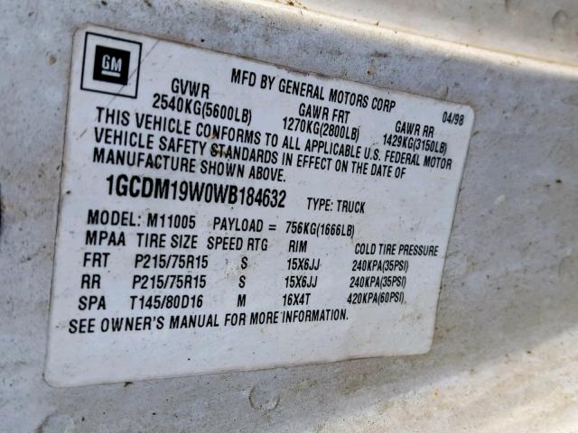 1GCDM19W0WB184632 - 1998 CHEVROLET ASTRO WHITE photo 10