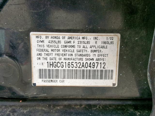 1HGCG16532A049712 - 2002 HONDA ACCORD EX BLACK photo 10