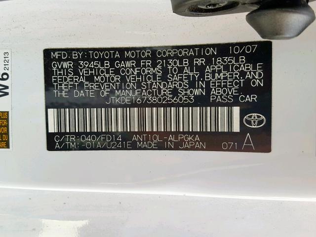 JTKDE167380256053 - 2008 TOYOTA SCION WHITE photo 10