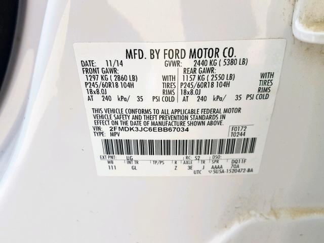 2FMDK3JC6EBB67034 - 2014 FORD EDGE SEL WHITE photo 10