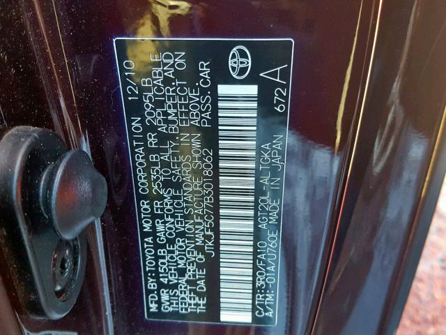 JTKJF5C77B3018062 - 2011 TOYOTA SCION TC ბურგუნდია ფოტო 10