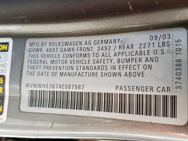 WVWWH63B74E087987 - 2004 VOLKSWAGEN PASSAT GLX GRAY photo 10