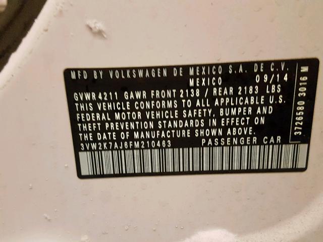 3VW2K7AJ6FM210463 - 2015 VOLKSWAGEN JETTA BASE WHITE photo 10