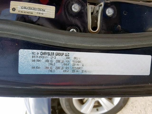 1C4NJCBA3ED725764 - 2014 JEEP COMPASS SP ლურჯი ფოტო 10