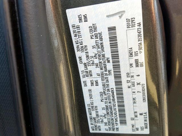 1FMCU0JX1EUB49493 - 2014 FORD ESCAPE TIT GRAY photo 10