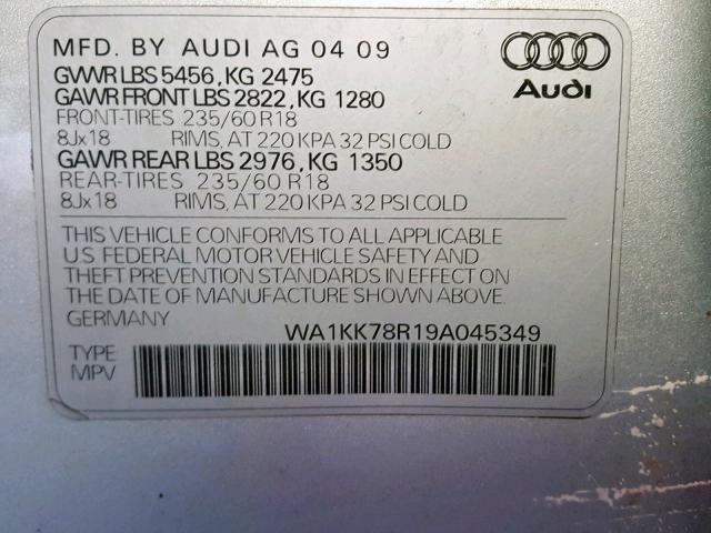 WA1KK78R19A045349 - 2009 AUDI Q5 3.2 SILVER photo 10