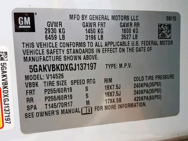 5GAKVBKDXGJ137197 - 2016 BUICK ENCLAVE WHITE photo 10