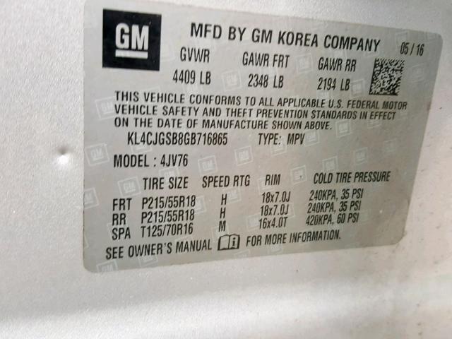 KL4CJGSB8GB716865 - 2016 BUICK ENCORE SILVER photo 10