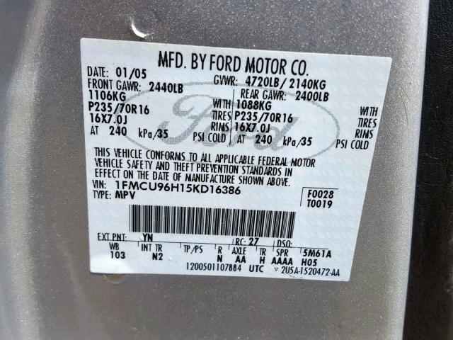 1FMCU96H15KD16386 - 2005 FORD ESCAPE HEV SILVER photo 10