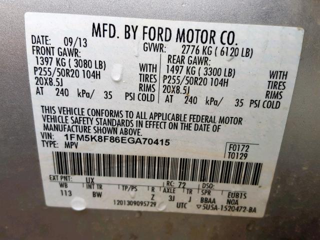 1FM5K8F86EGA70415 - 2014 FORD EXPLORER L SILVER photo 10