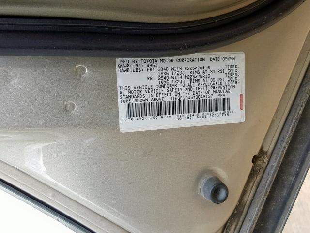 JT6GF10U5Y0049137 - 2000 LEXUS RX 300 TAN photo 10