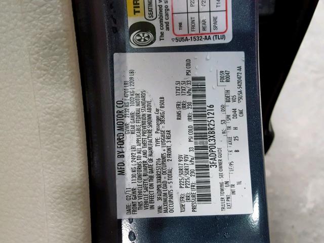 3FADP0L3XBR251216 - 2011 FORD FUSION HYB BLUE photo 10