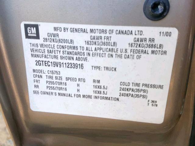 2GTEC19V911233916 - 2001 GMC NEW SIERRA SILVER photo 10