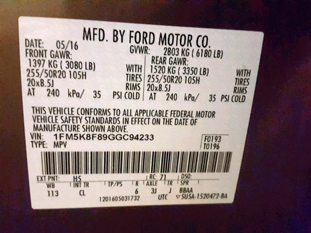 1FM5K8F89GGC94233 - 2016 FORD EXPLORER L BROWN photo 10