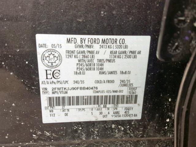 2FMTK3J90FBB40476 - 2015 FORD EDGE SEL GRAY photo 10