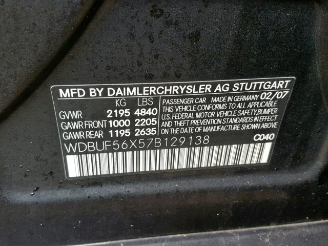 WDBUF56X57B129138 - 2007 MERCEDES-BENZ E 350 BLACK photo 10