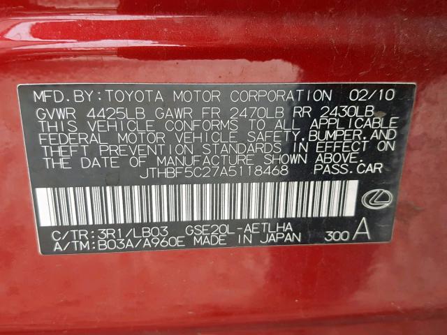 JTHBF5C27A5118468 - 2010 LEXUS IS 250 RED photo 10