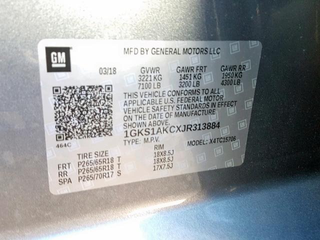 1GKS1AKCXJR313884 - 2018 GMC YUKON SLE GRAY photo 10