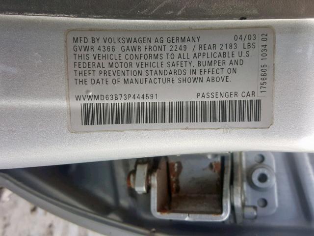 WVWMD63B73P444591 - 2003 VOLKSWAGEN PASSAT GL GRAY photo 10