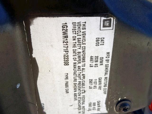 1G2WR12171F122398 - 2001 PONTIAC GRAND PRIX BLACK photo 10
