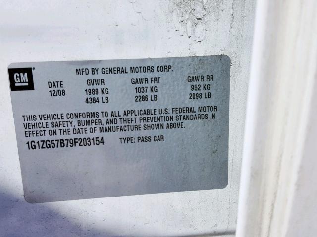 1G1ZG57B79F203154 - 2009 CHEVROLET MALIBU LS WHITE photo 10