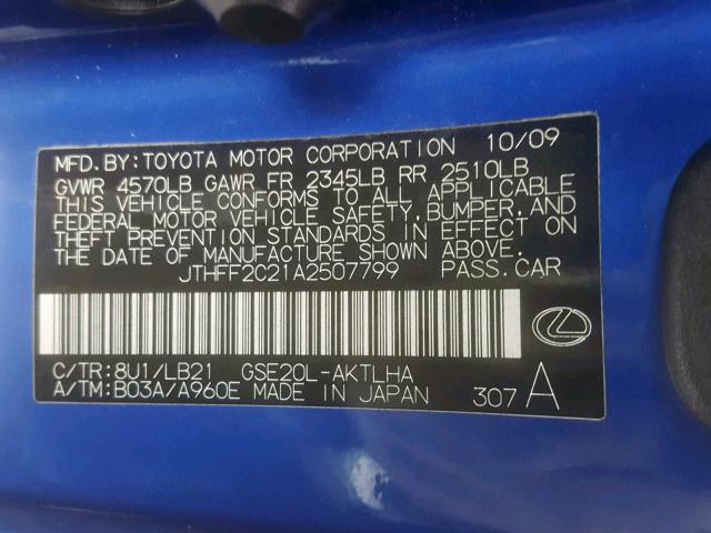 JTHFF2C21A2507799 - 2010 LEXUS IS 250 BLUE photo 10