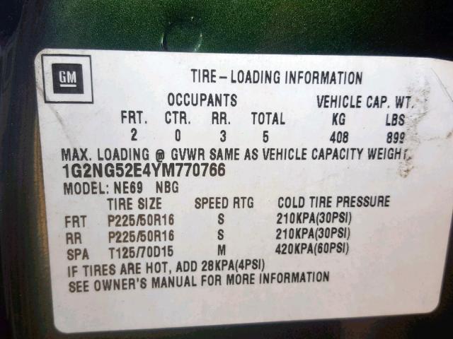 1G2NG52E4YM770766 - 2000 PONTIAC GRAND AM S GREEN photo 10