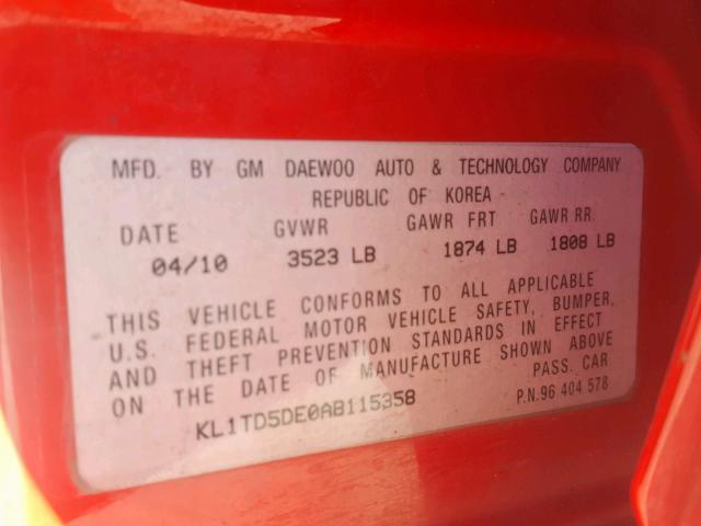 KL1TD5DE0AB115358 - 2010 CHEVROLET AVEO LS RED photo 10