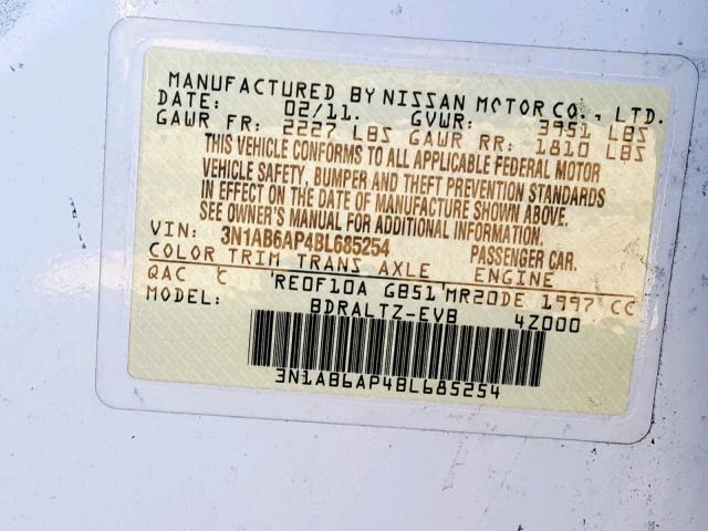 3N1AB6AP4BL685254 - 2011 NISSAN SENTRA 2.0 WHITE photo 10