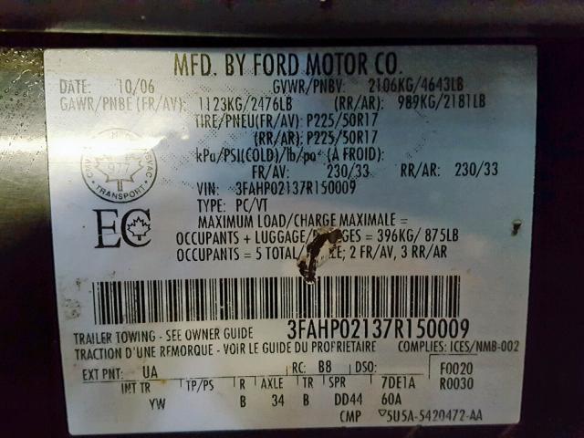 3FAHP02137R150009 - 2007 FORD FUSION SEL BLACK photo 10