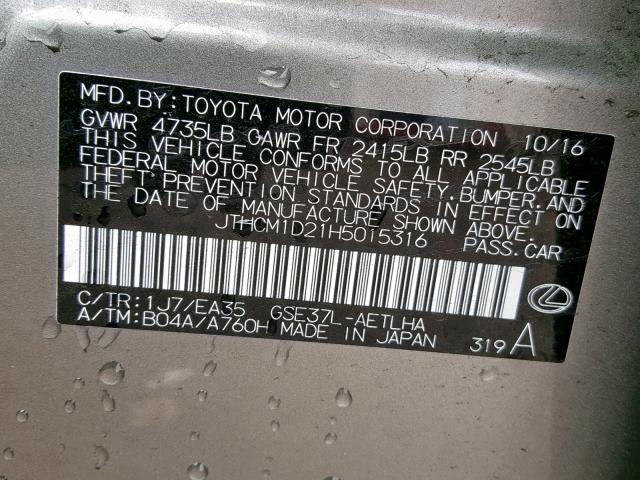 JTHCM1D21H5015316 - 2017 LEXUS IS 300 SILVER photo 10