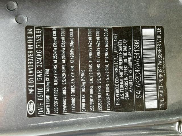 SALAK2D42AA541398 - 2010 LAND ROVER LR4 HSE LU GRAY photo 10